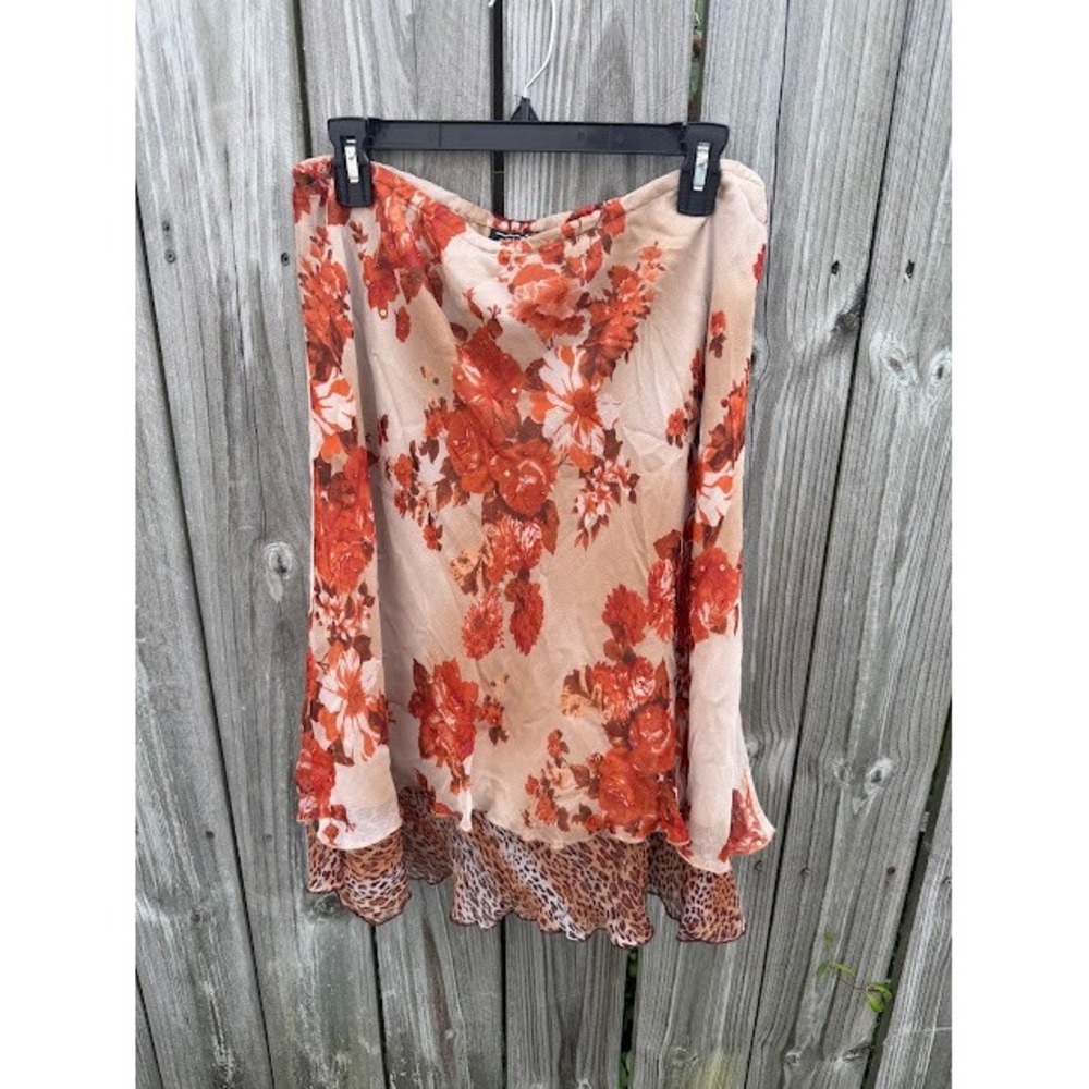 Y2K Fairycore New York City Design Co Silk Skirt L Orange Floral Leopard Sequin